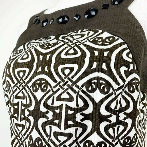 Ann Taylor Dress Women Sz 6 Back Zip Tribal Pattern Textured Jeweled Neck Sheath - Picture 5 of 9